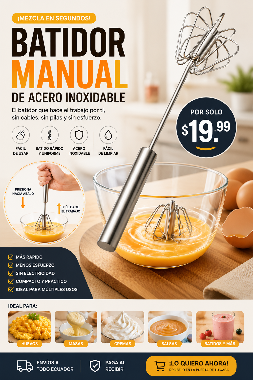 🥚 BATIDOR MANUAL DE ACERO INOXIDABLE